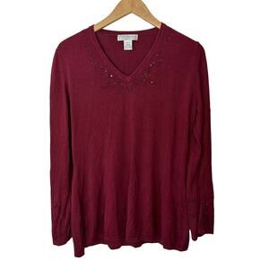 Diane Von Furstenberg Silk‎ Assets Red Knit Top Beaded Sequins V Neck Pullover L